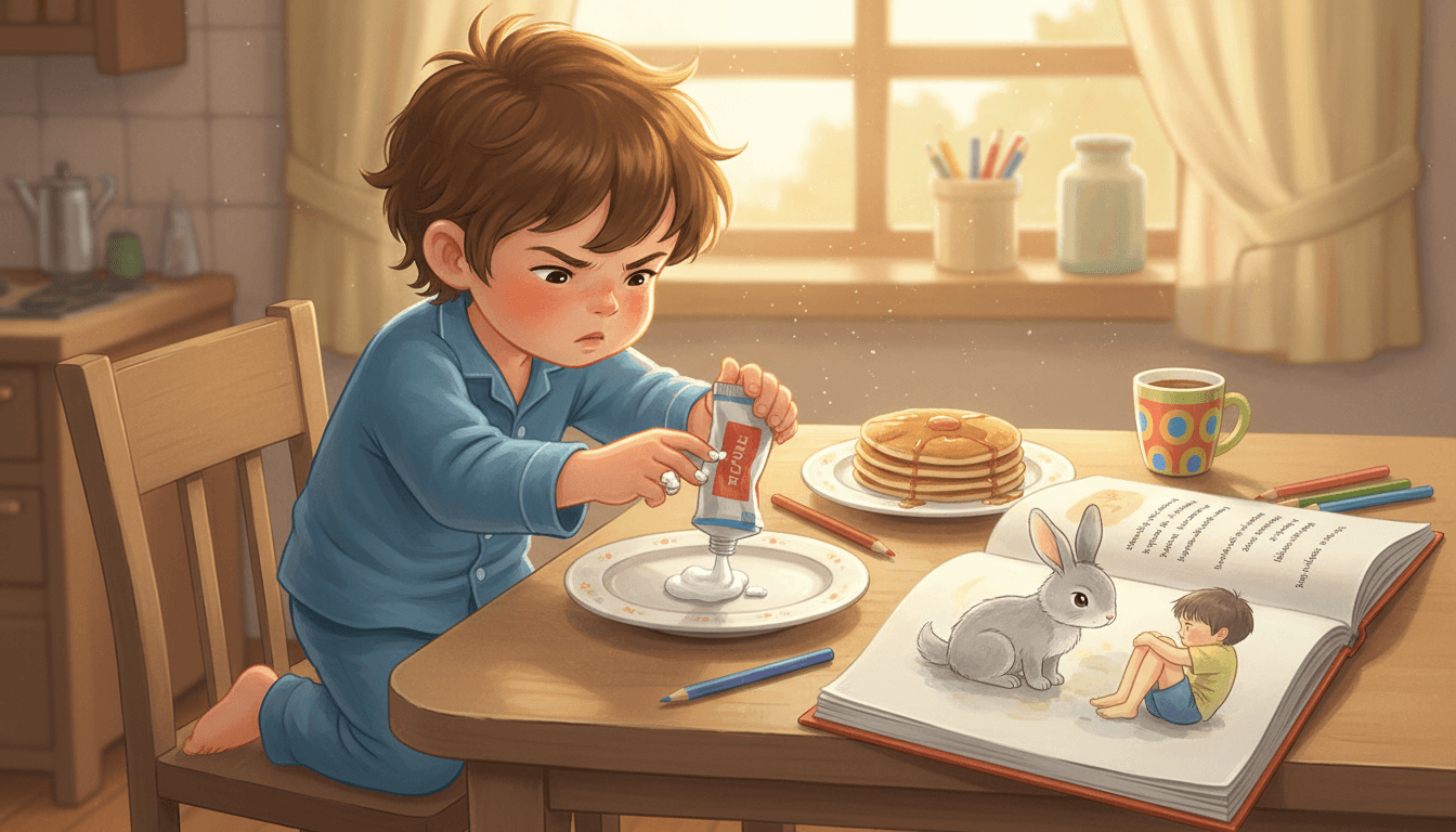 A young child at a kitchen table trying to squeeze toothpaste from a plate back into a tube, illustrating the toothpaste experiment, next to a colorful storybook featuring a rabbit and a child in warm domestic lighting.