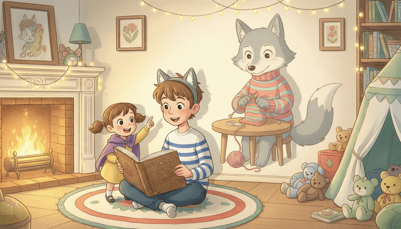 Illustration chaleureuse d'un petit garçon avec un serre-tête d'oreilles de loup lisant un livre, dont l'ombre au mur révèle un grand loup amical qui tricotant un pull. Sa petite sœur en cape violette rit à ses côtés dans un salon confortable.