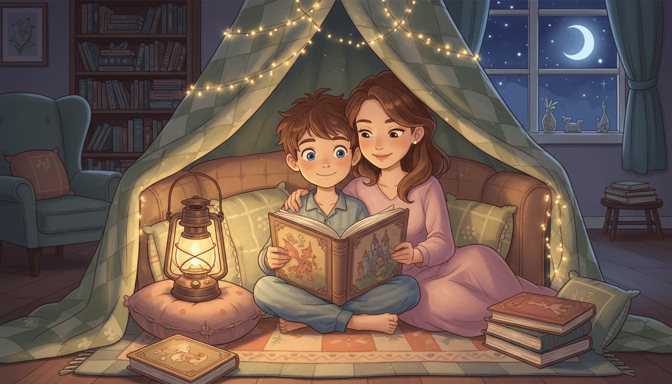 Un petit garçon et sa mère lisant ensemble dans une cabane de couvertures magique, éclairée par une lampe de poche et des guirlandes lumineuses, créant une atmosphère chaleureuse et complice.