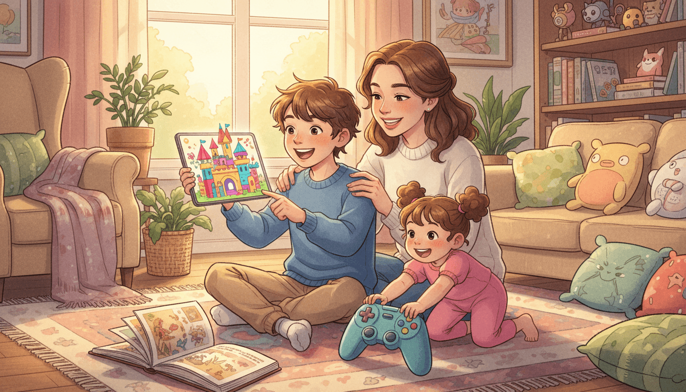 Un moment de complicité familiale dans un salon chaleureux où un jeune garçon montre fièrement sa création de forteresse en 3D sur tablette à sa mère, tandis qu'une petite fille joue avec une manette et qu'un livre d'aventure ouvert au sol illustre le lien entre le jeu vidéo et la lecture.
