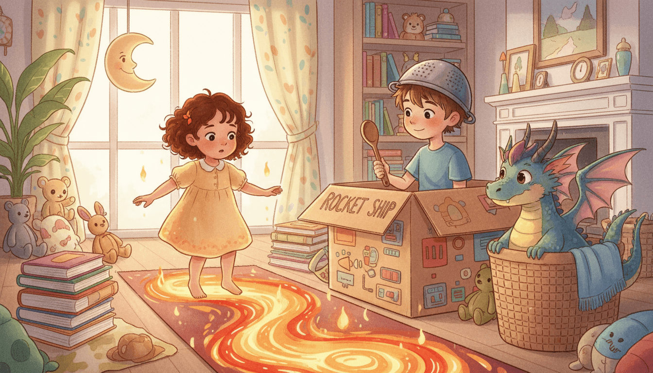 Children's book illustration of a cozy living room where a young girl balances on a rug turned into a glowing lava river while a boy in a cardboard spaceship box talks to a friendly dragon.