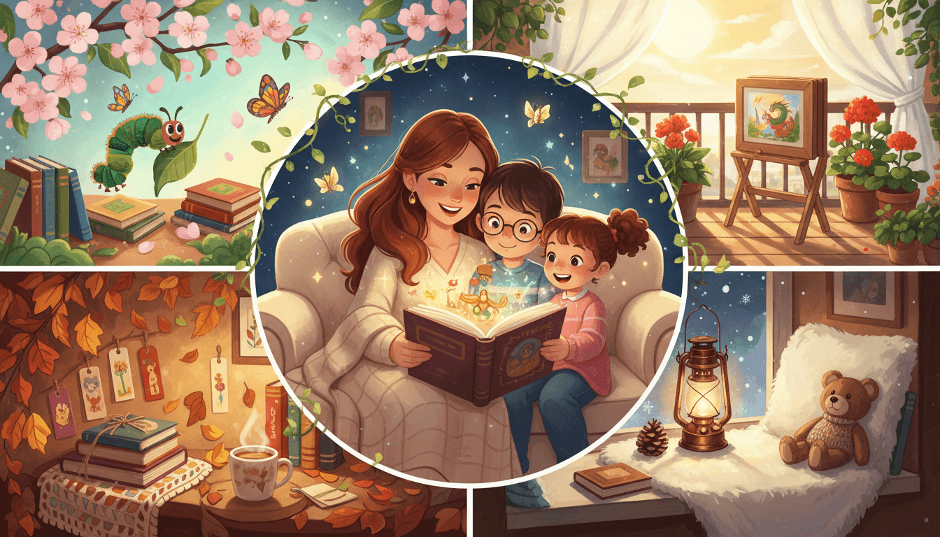 Ilustración artística de una madre leyendo un libro con sus dos hijos en el centro, rodeados por una composición de las cuatro estaciones con flores de primavera, un teatro Kamishibai de verano, hojas de otoño y un acogedor rincón de invierno.