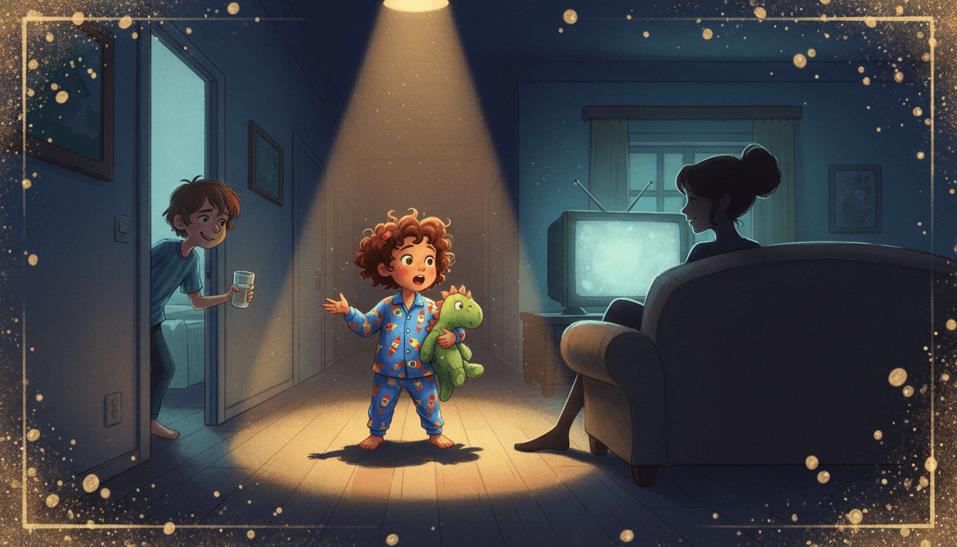 Una escena cinematográfica de realismo mágico en un pasillo oscuro donde una niña de 3 años con pijama colorido actúa bajo un foco de luz con un dinosaurio de peluche, mientras su hermano mayor observa desde una puerta entreabierta y la silueta de su madre descansa en la sala al fondo.
