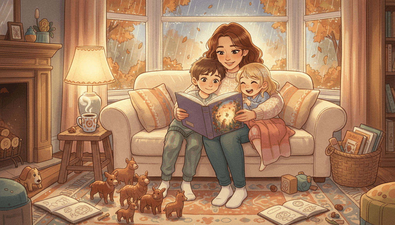 Gemütliche, herbstliche Wohnzimmerszene mit einer Mutter, die ihre zwei Kinder auf dem Sofa umarmt und gemeinsam ein Bilderbuch liest; im Vordergrund Kastanienfiguren und Glitzer auf dem Teppich, im Hintergrund ein herbstliches Regenfenster und warmer Lichterglanz.