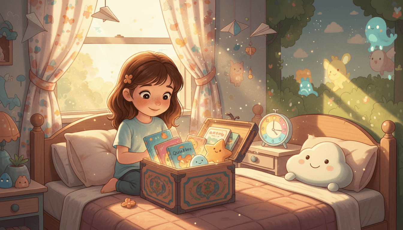 Bambina di 3 anni seduta sul letto che esplora con curiosità una scatola della calma piena di libri e peluche, con orologio per l'apprendimento infantile e luce solare pomeridiana dorata.