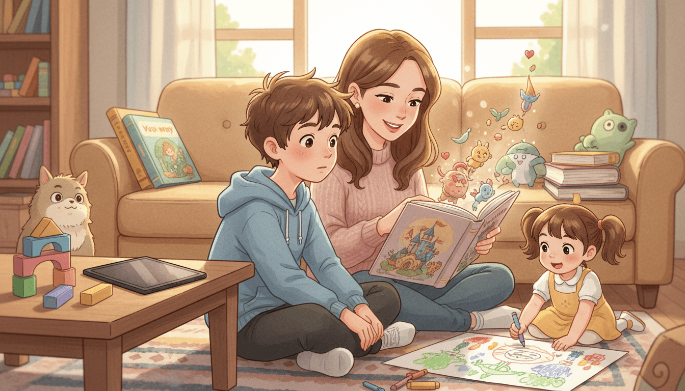 Uma cena caseira aconchegante com uma mãe lendo um livro físico para seu filho de 8 anos em um tapete, enquanto uma menina pequena desenha com giz de cera ao lado; um tablet desativado está ao fundo, destacando a conexão familiar e o tempo longe das telas.