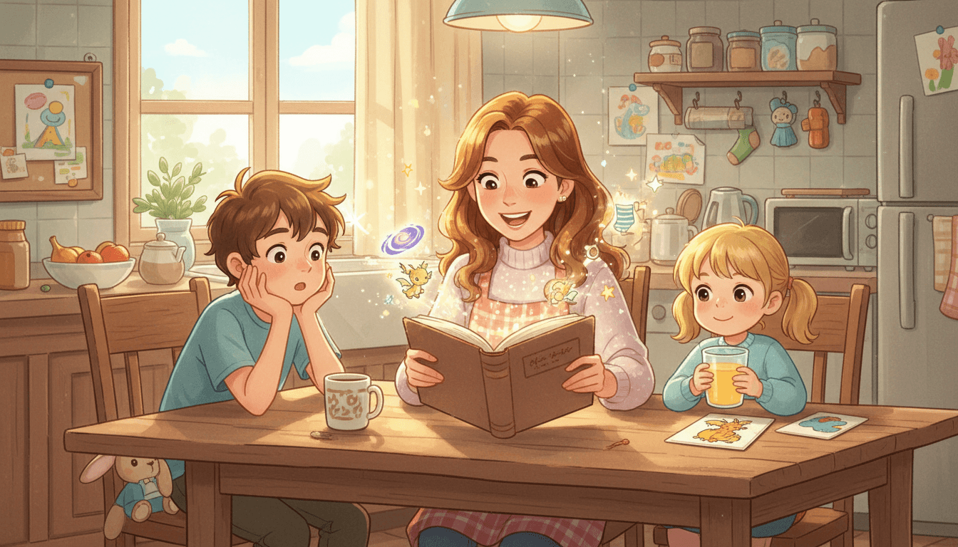 Una madre legge un libro ai suoi due figli in una cucina accogliente, con scintille magiche e illustrazioni fantastiche che prendono vita dalle pagine, a simboleggiare l'immaginazione e lo sviluppo del linguaggio.