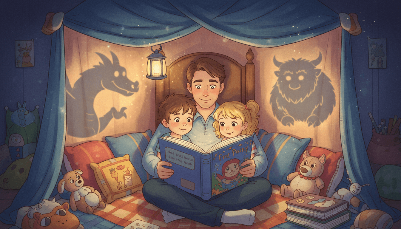Ein Vater liest seinen zwei Kindern in gemütlicher Atmosphäre ein buntes Bilderbuch vor, während magische Drachenschatten an der Wand tanzen.