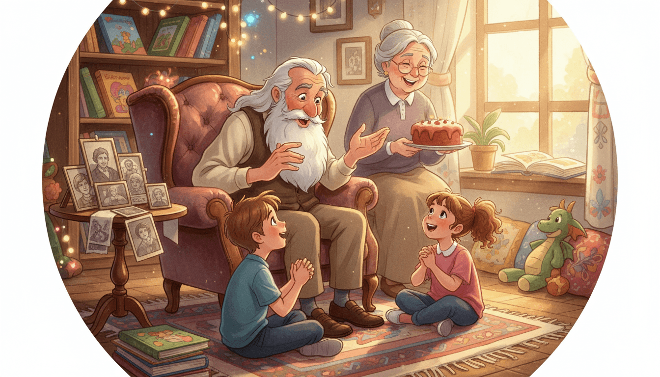 Ein gemütliches Wohnzimmer, in dem ein Großvater in einem Vintage-Sessel seinen Enkelkindern eine Geschichte erzählt, während die Großmutter im Hintergrund über einen angebrannten Kuchen lacht.