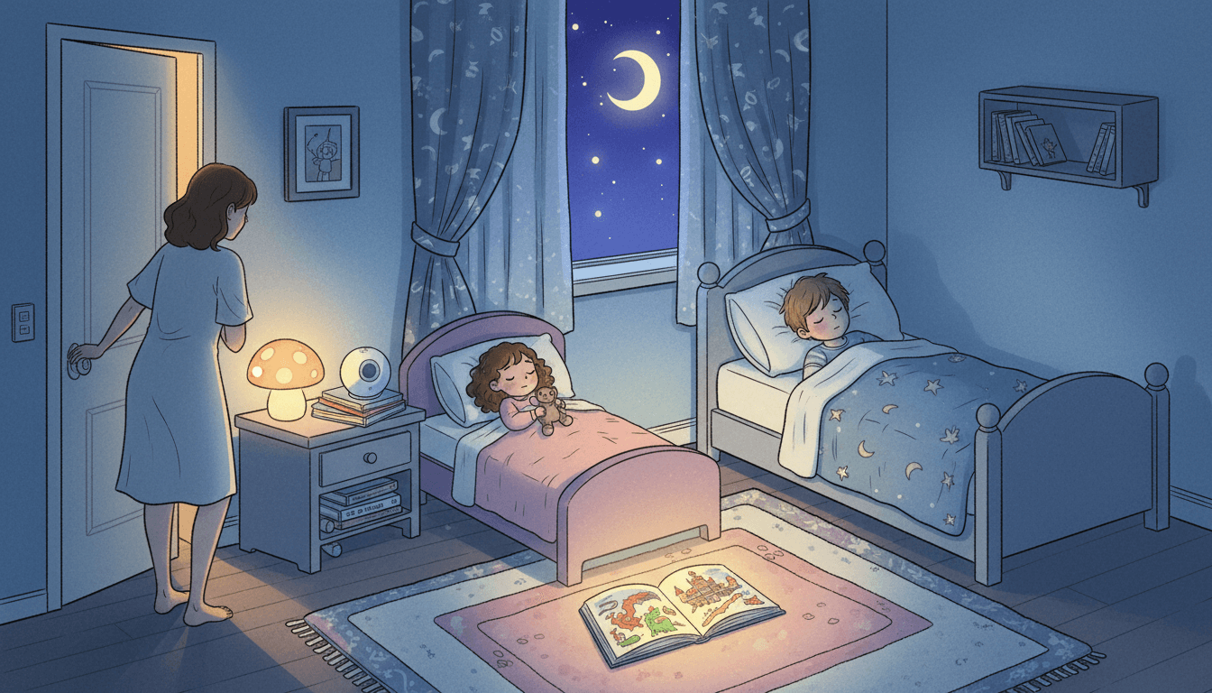 Quarto infantil aconchegante à noite com uma mãe saindo de fininho pela porta enquanto um menino de 8 anos e uma menina de 3 anos dormem profundamente em suas camas, apresentando luz noturna em tons quentes, cortinas blackout e uma atmosfera serena e azulada.