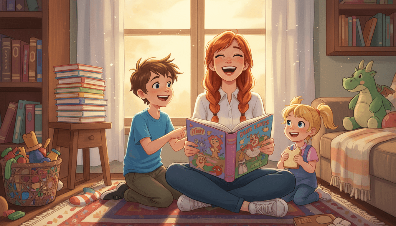 Una madre sentada sobre una alfombra en una sala acogedora, riendo a carcajadas mientras lee un libro colorido a sus dos hijos. El hijo señala una ilustración graciosa y la hija pequeña sostiene una tostada con alegría. Un ambiente cálido y vibrante que celebra la conexión familiar y las risas espontáneas.
