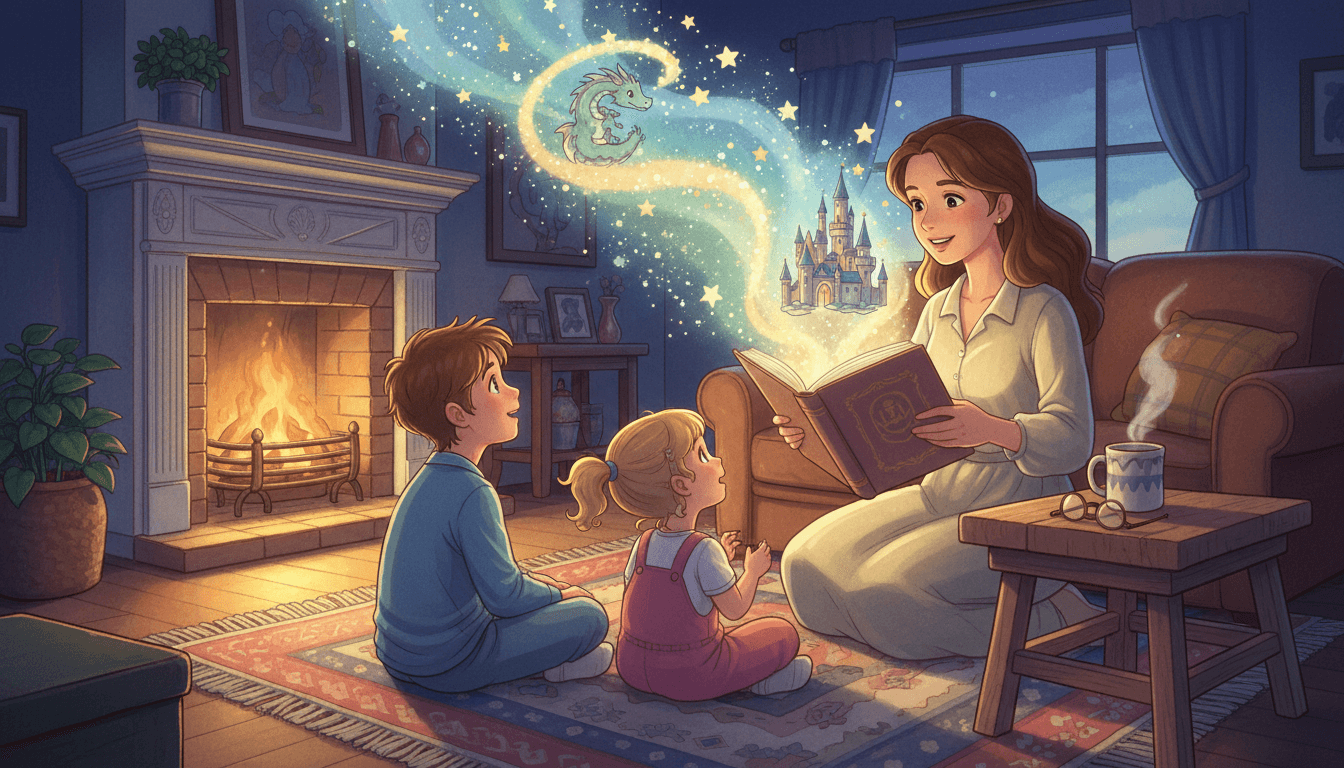 Escena mágica de una madre leyendo un libro a sus hijos pequeños mientras elementos fantásticos como un dragón y un castillo brillan sobre las páginas.
