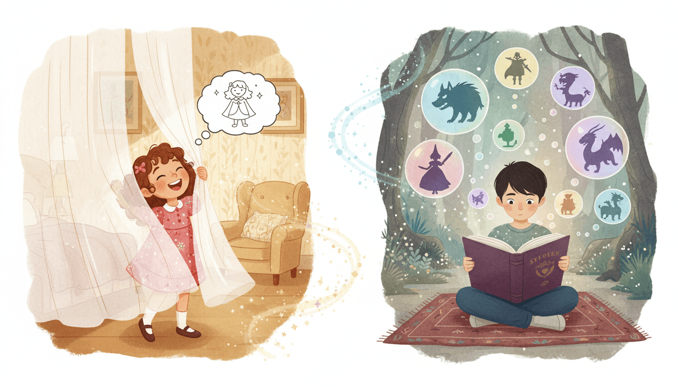 Illustration artistique du concept de la théorie de l'esprit montrant une petite fille se cachant derrière un rideau transparent et un jeune garçon lisant un livre avec des bulles de pensée lumineuses contenant des silhouettes de personnages.