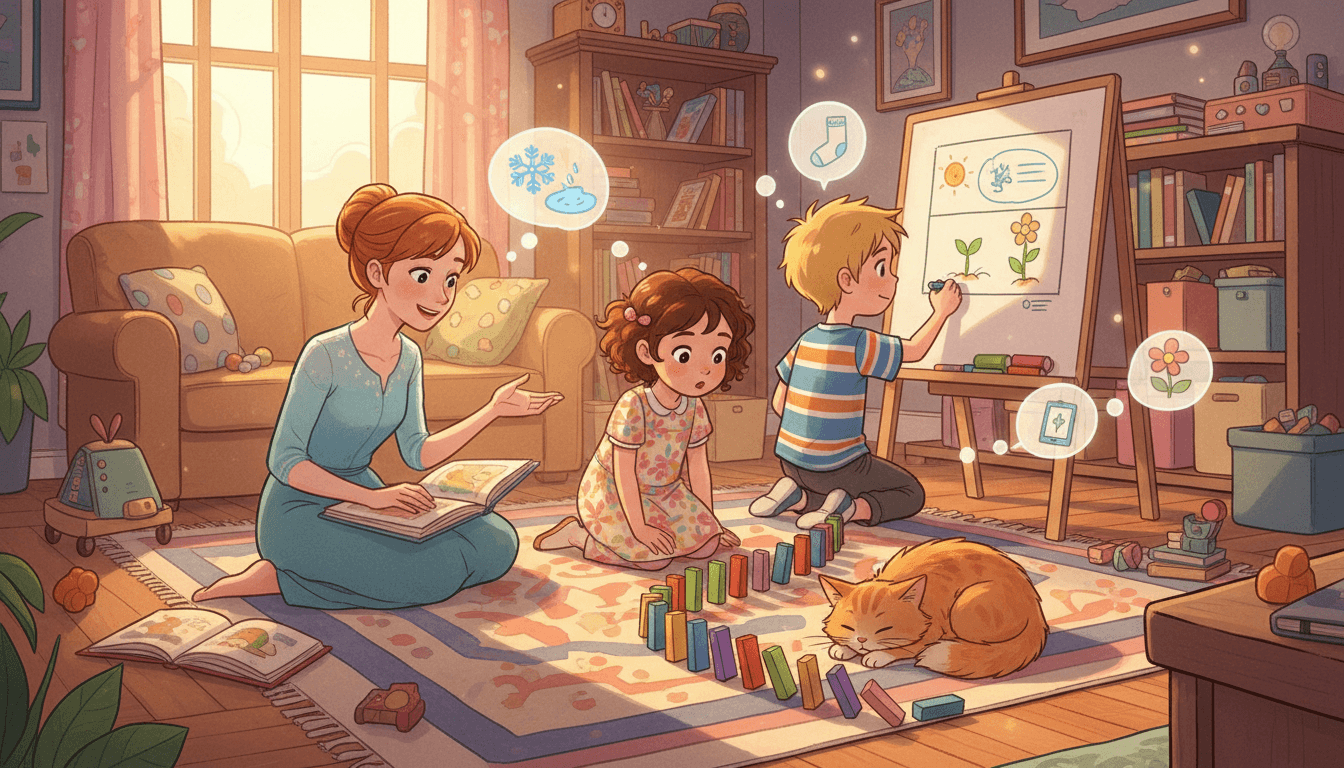 Une scène de salon chaleureuse illustrant le concept de cause à effet : une petite fille regarde une rangée de dominos colorés tombés vers un chat endormi, tandis qu'un garçon dessine une bande dessinée sur un tableau blanc et qu'une mère explique une histoire. Des bulles de pensée fantaisistes avec des icônes de flocon de neige, de chaussette et de batterie flottent dans l'air, symbolisant les connexions logiques.