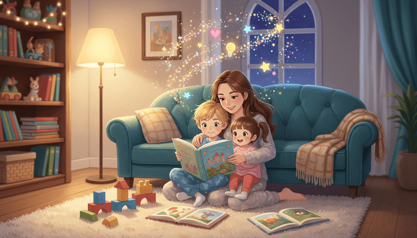 Une mère et ses deux jeunes enfants assis sur un tapis dans un salon chaleureux la nuit, entourés de blocs de construction, avec des étincelles magiques et des icônes d'imagination flottant au-dessus de leurs têtes.