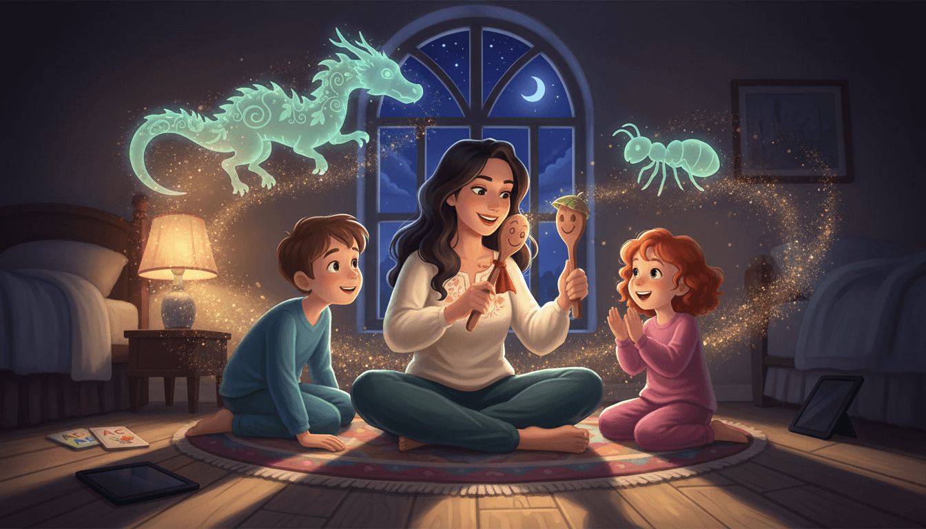 Uma cena cinematográfica de baixo ângulo com uma mãe sentada num tapete aconchegante, contando histórias aos seus dois filhos usando colheres de pau como fantoches. Silhuetas mágicas de um dragão e uma formiga flutuam no ar com luzes douradas, simbolizando a imaginação. Ao fundo, tablets e cartões de memória estão esquecidos nas sombras, sob a luz suave de um abajur e uma noite estrelada na janela.