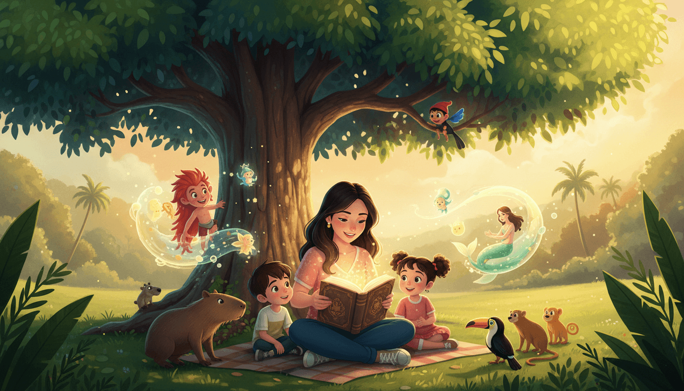 Família lendo livro mágico sob uma mangueira vibrante em um parque, com elementos do folclore brasileiro como o Curupira e animais da floresta, simbolizando a conexão com a natureza.