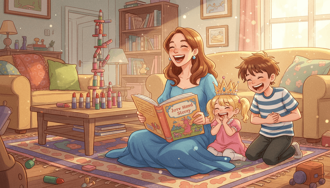 Счастливая семья смеется в уютной гостиной: мама с детской книгой, сын и маленькая дочь в короне из губной помады на фоне башни из помад.