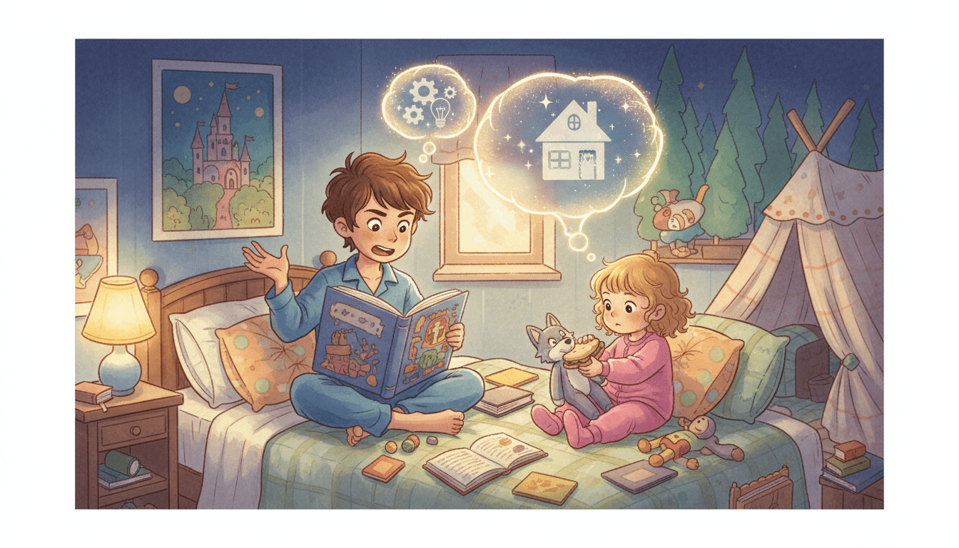 Un niño y una niña pequeña sentados en una cama acogedora por la noche, rodeados de almohadas, mientras leen un libro de cuentos con burbujas de pensamiento mágicas que muestran engranajes y una bombilla, representando el pensamiento crítico infantil.
