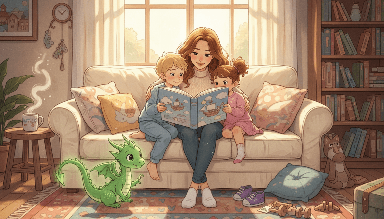 Een gezellige, sfeervolle woonkamer waar een moeder haar twee kinderen op de bank omhelst terwijl ze samen een kleurrijk prentenboek lezen, met een klein, vriendelijk groen draakje op de voorgrond dat rust en emotionele balans symboliseert.