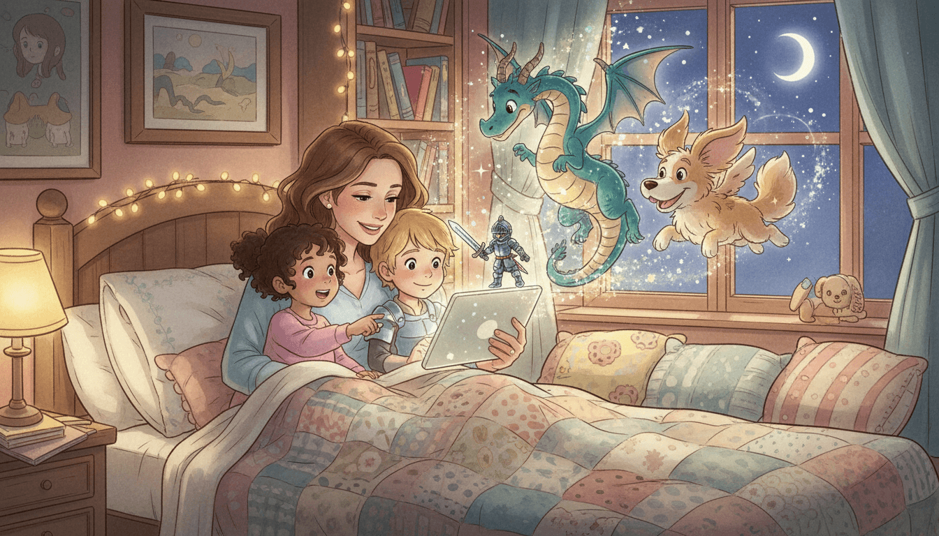 Madre e hijos leyendo un cuento mágico en una tableta con hologramas de dragón y caballero en un dormitorio acogedor.