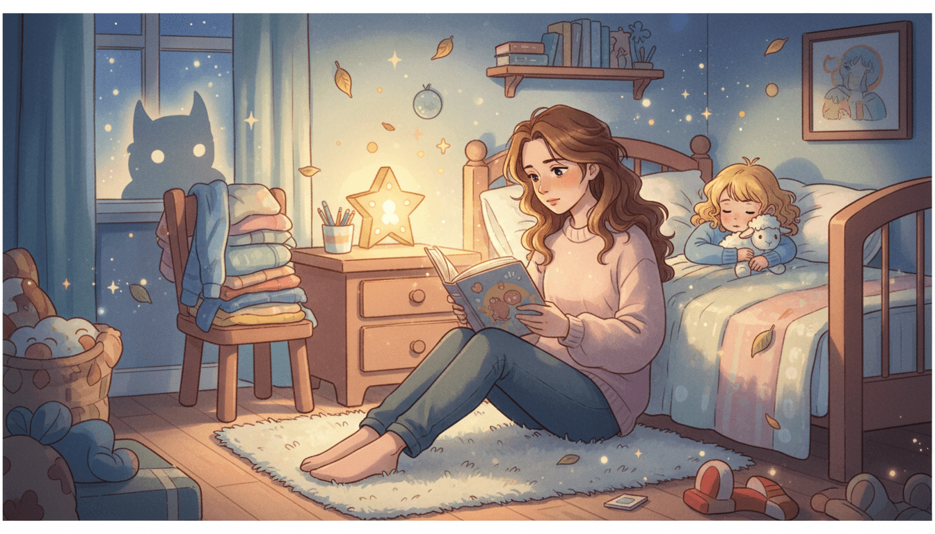 Una calda cameretta notturna con una madre stanca che legge un libro accanto a una bambina di 3 anni che dorme, illuminata da una luce notturna a forma di stella.