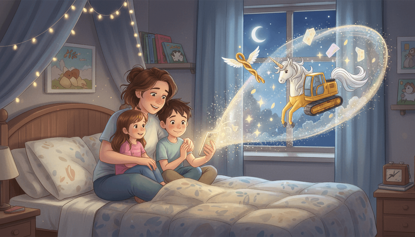 Een gezellige scène op een bed waar een glimlachende moeder en haar twee kinderen onder een deken naar een lichtgevende smartphone kijken, terwijl magische AI-gegenereerde figuren zoals een vliegende kaasstengel en een eenhoorn-graafmachine boven hen zweven.
