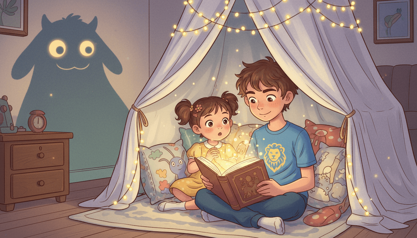 Cinematic scene of a young boy and girl sitting inside a cozy blanket fort with fairy lights, reading a glowing magical book while a friendly shadow monster silhouette stands nearby.
