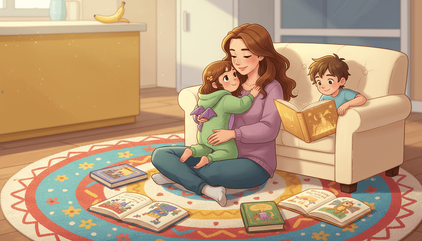 Een warme binnenopname van een moeder die haar peuter in een drakenpakje knuffelt op een kleurrijk kleed omringd door kinderboeken, met een lachende zoon die leest bij de bank en een banaan op het aanrecht.