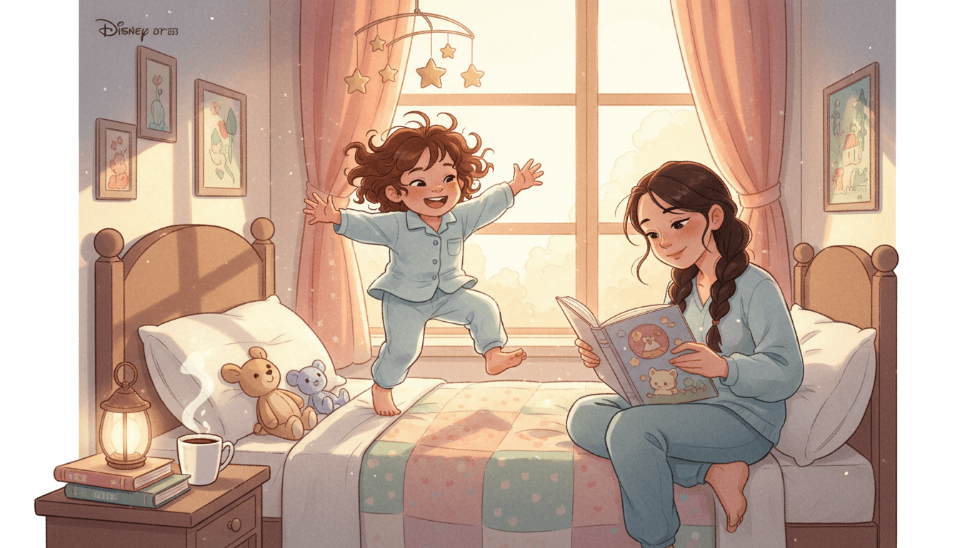 Ein gemütliches, sonnendurchflutetes Schlafzimmer, in dem ein 3-jähriges Mädchen mit einem schelmischen Lächeln energetisch auf dem Bett springt, während ihre erschöpfte, aber amüsierte Mutter mit einem Kinderbuch daneben sitzt und eine volle Kaffeetasse auf dem Nachttisch steht.
