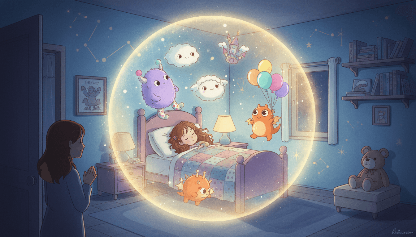 Przytulna sypialnia dziecięca nocą z dziewczynką śpiącą wewnątrz świecącej magicznej bańki ochronnej, w której unoszą się przyjazne potworki i smok, a w progu czuwa sylwetka matki; styl baśniowy w odcieniach fioletu i złota.