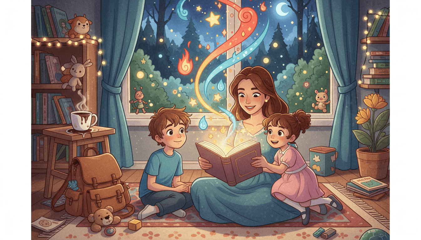 Mama czytająca dzieciom magiczną książkę o emocjach na dywanie, w tle rozlana kawa i plecak, symbolizujące spokój i chaos w rodzicielstwie.