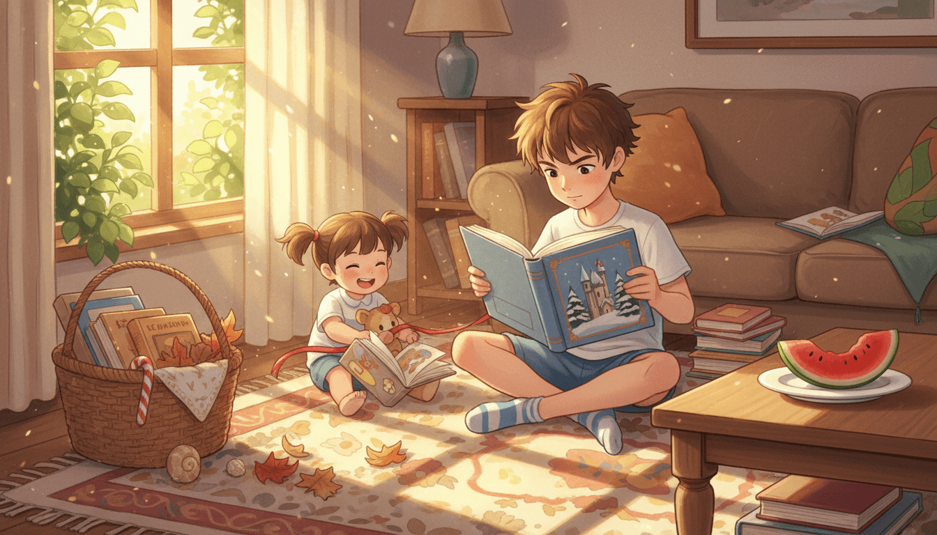 Bambino di 8 anni legge un libro invernale sotto il sole estivo di luglio, accanto a una bimba di 3 anni che gioca con dei libri in un soggiorno accogliente e disordinato con decorazioni stagionali miste.