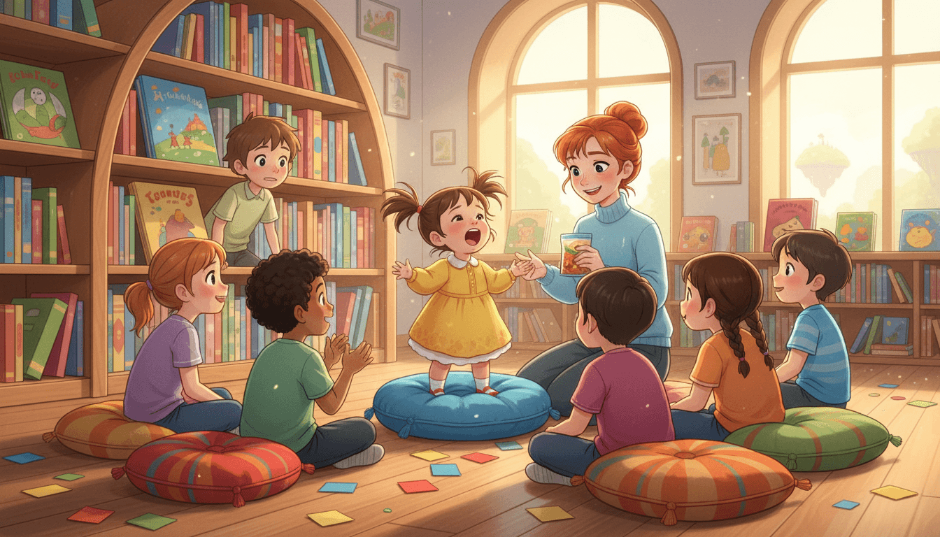 Una scena vivace e caotica in una biblioteca moderna dove una bimba piccola con i capelli spettinati si alza al centro di un cerchio di bambini, pronta a gridare, mentre la sua mamma sorride imbarazzata offrendole uno spuntino. Sullo sfondo, un bambino di 8 anni si nasconde tra gli scaffali, mentre il pavimento è decorato con cuscini colorati e pagine di libri illustrati in stile Pezzettino di Leo Lionni.