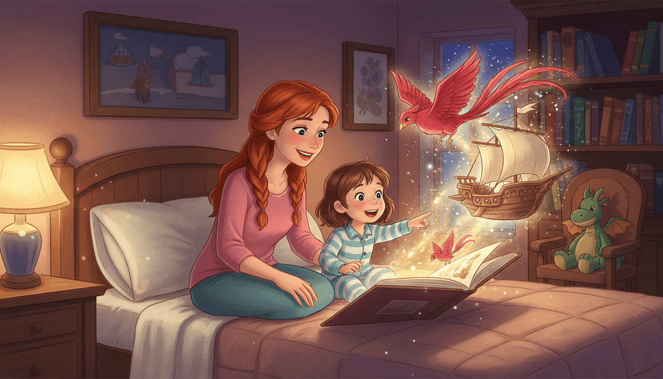 Une chambre chaleureuse la nuit où une mère et sa petite fille lisent un livre d'images magique et brillant, avec des illustrations de bateau volant et d'oiseau rouge flottant hors des pages.