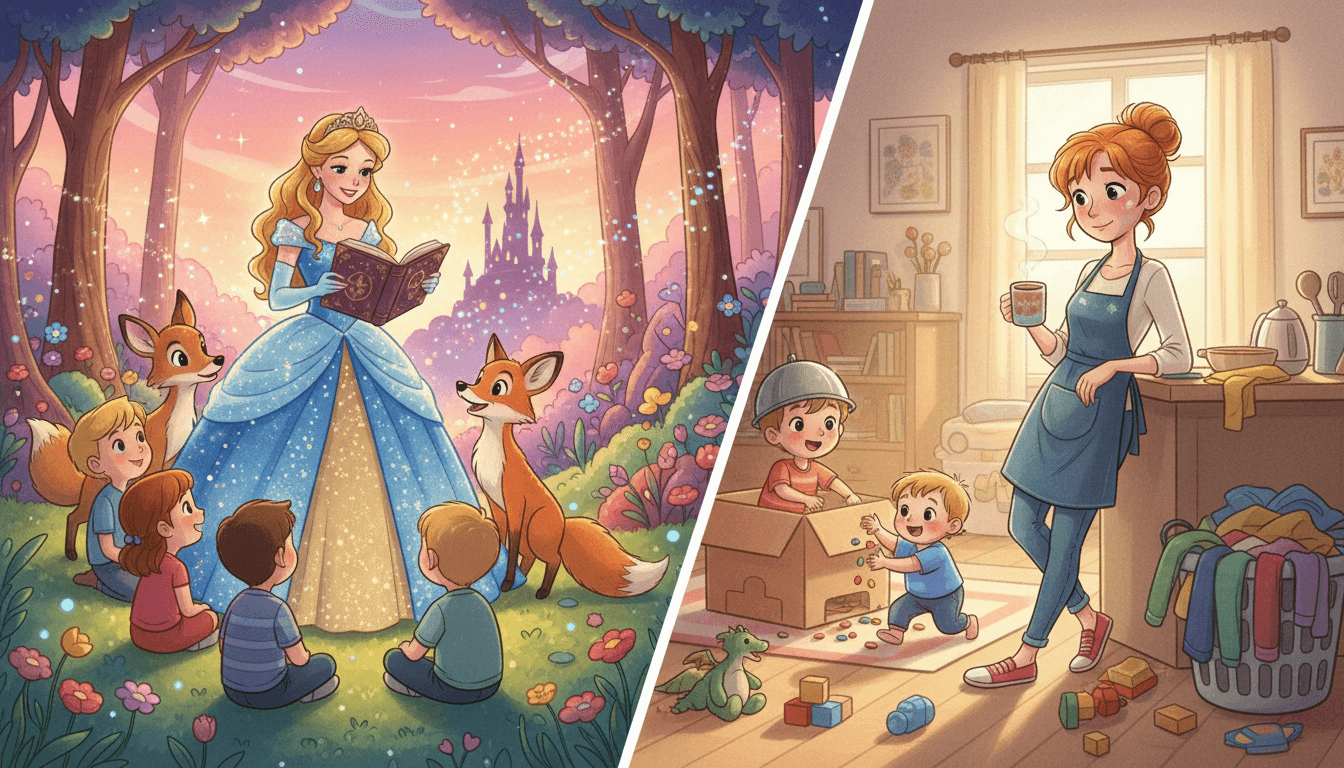 Märchenhafte Split-Screen-Illustration: Links eine klassische Prinzessin im prachtvollen Kleid, rechts die moderne Version als lächelnde, erschöpfte Mutter in Jeans und Schürze mit Kaffeetasse. Im Hintergrund spielt ein Junge als Ritter in einer Pappkarton-Burg, während ein Kleinkind Müsli verstreut. Warmer, handgezeichneter Stil mit einer Mischung aus magischem Glitzer und alltäglichem Chaos aus Spielzeug und Wäsche.