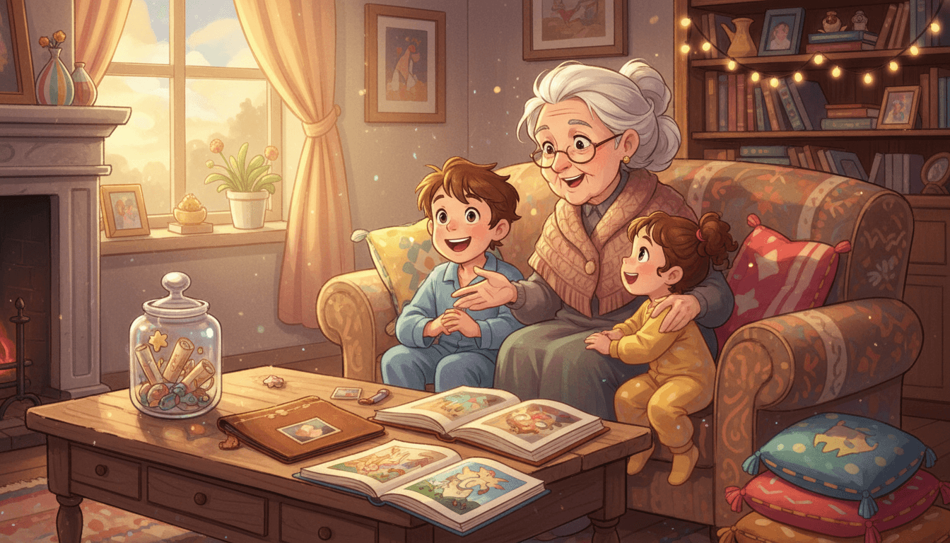 Une grand-mère joyeuse raconte une histoire avec passion à ses deux petits-enfants sur un canapé confortable au crépuscule. Scène de vie de famille authentique et chaleureuse avec un album photo et un bocal à souvenirs sur une table basse, éclairée par une lumière dorée.
