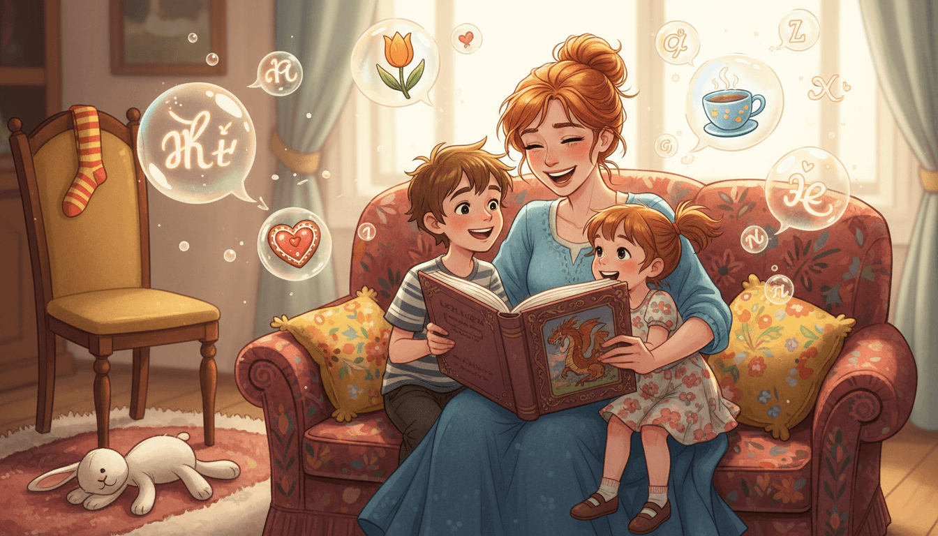 Een warme, gezellige scène van een moeder, Anna, op een bank met haar twee kinderen, omringd door vliegende woorden in verschillende talen en symbolen zoals een tulp, een kopje thee en een peperkoekhart, wat de speelse taalkundige chaos in hun gezin verbeeldt.