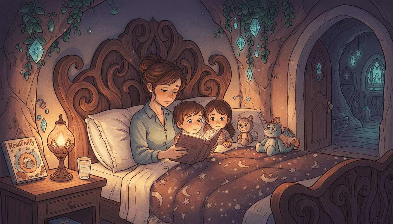 Cinematic, cozy bedroom at night with warm amber lighting where a mother reads a storybook to her two children. The kids are snuggled under a soft duvet with stuffed animals in a dim, screen-free 'vampire cave' atmosphere. A ReadFluffy style book sits on the nightstand, illustrating a peaceful science of cozy bedtime routine.