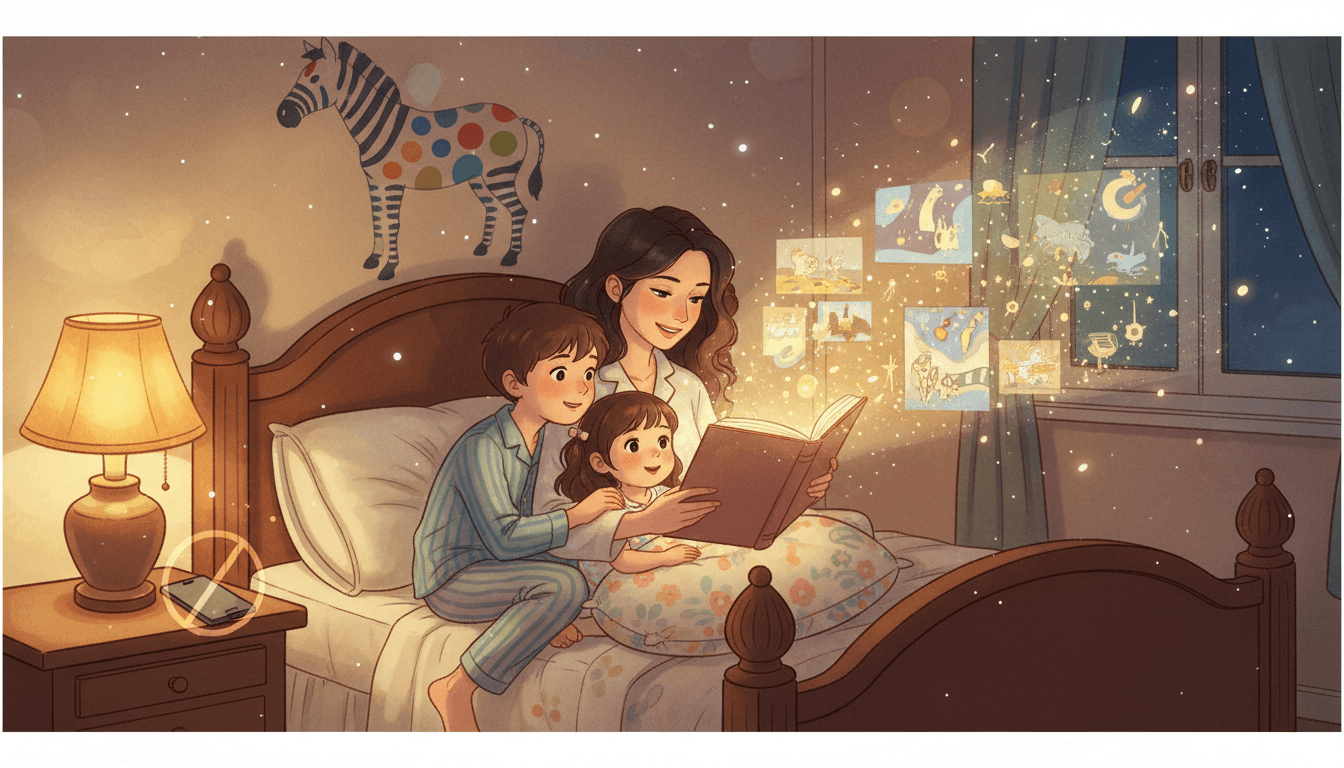 Una madre leyendo un libro brillante a sus dos hijos en una habitación acogedora, con un teléfono tachado en la mesita de noche para simbolizar una rutina sin pantallas.
