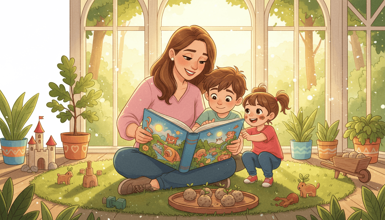 Una madre legge un libro colorato ai suoi figli, un bambino di 8 anni e una bambina di 3, seduti sull'erba in una stanza piena di sole. La scena include una piccola quercia in vaso, bombe di semi e giocattoli di legno, trasmettendo un approccio magico e pratico alla natura.