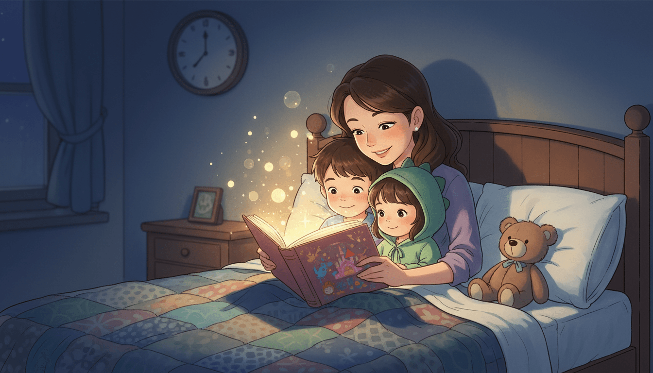 Cena aconchegante de quarto à meia-luz com uma mãe lendo um livro de histórias brilhante para seus dois filhos, um menino de 8 anos e uma menina de 3 anos com capuz de dinossauro, acolhidos sob um cobertor quente em uma atmosfera mágica e segura.