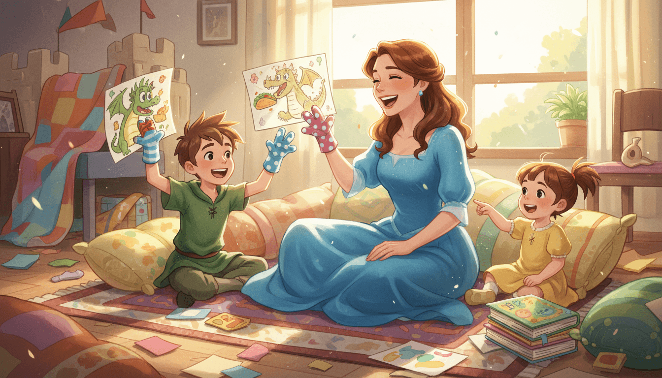 A warm, sunlit living room showing a mother and her two young children sitting on a rug, surrounded by creative clutter like cardboard box books and sock puppets. The family is laughing and storytelling amidst colorful drawings and scrap paper, celebrating a joyful, messy moment of play and imagination.
