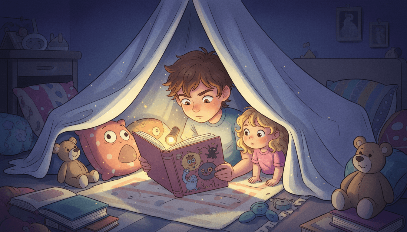 Escena acogedora de dos niños leyendo un libro de cuentos bajo una manta brillante en una habitación oscura, creando un fuerte contraste de luz cálida y sombras mágicas.