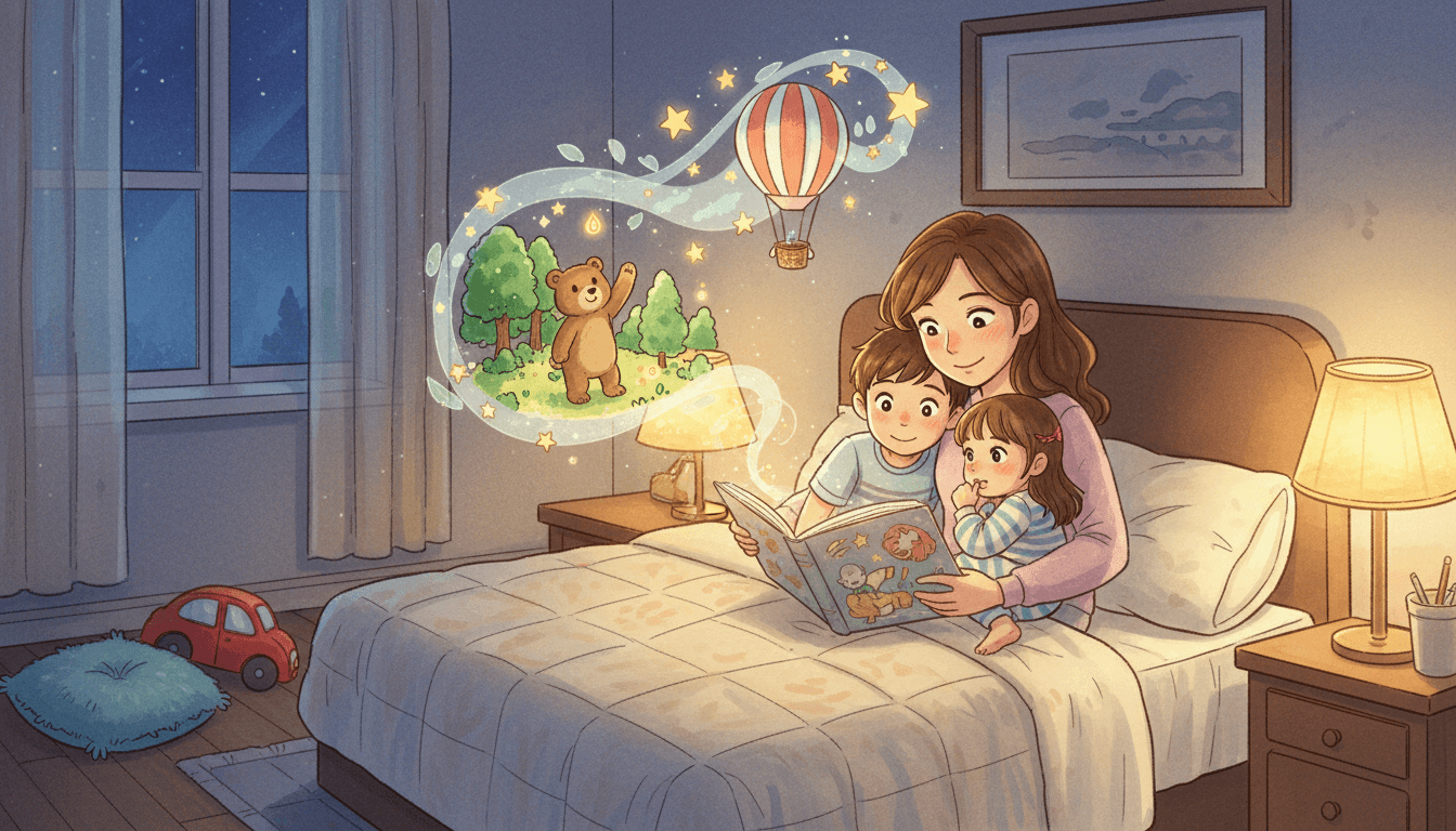 Mãe lendo para o filho de 8 anos e a filha de 3 anos em um quarto aconchegante à meia-luz, com ilustrações em aquarela flutuando no ar simbolizando a imaginação da história.