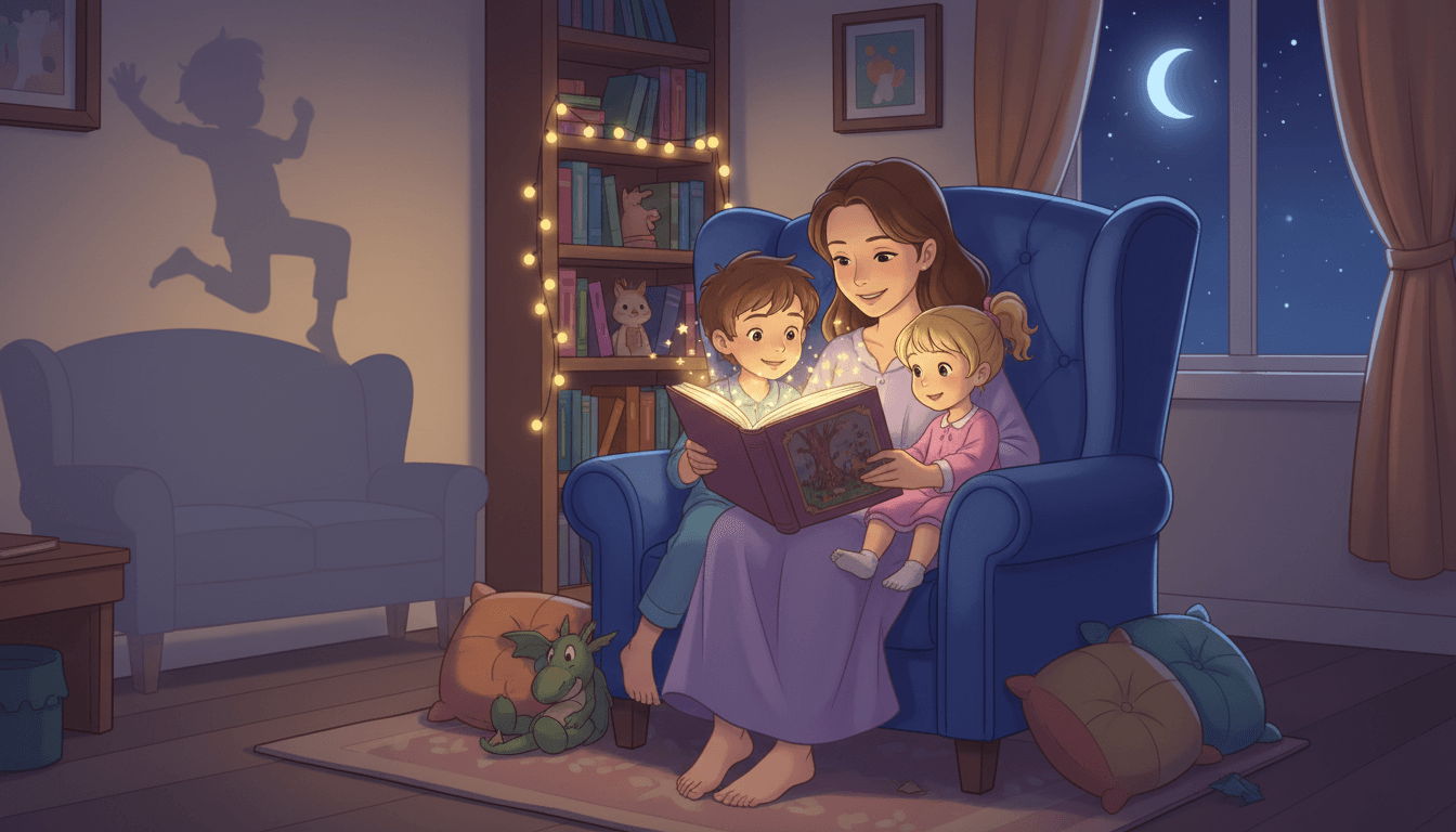 Una madre che legge un libro di fiabe magico e luminoso ai suoi due bambini su una poltrona accogliente, con l'ombra di un bambino che salta sul muro per simboleggiare il passaggio dal caos serale alla calma della nanna.