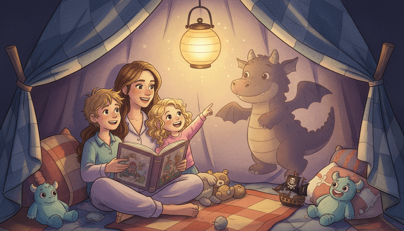 O mamă și copiii ei citind o poveste într-un cort din pături, cu o umbră prietenoasă de dragon proiectată pe perete de lumina felinarului.