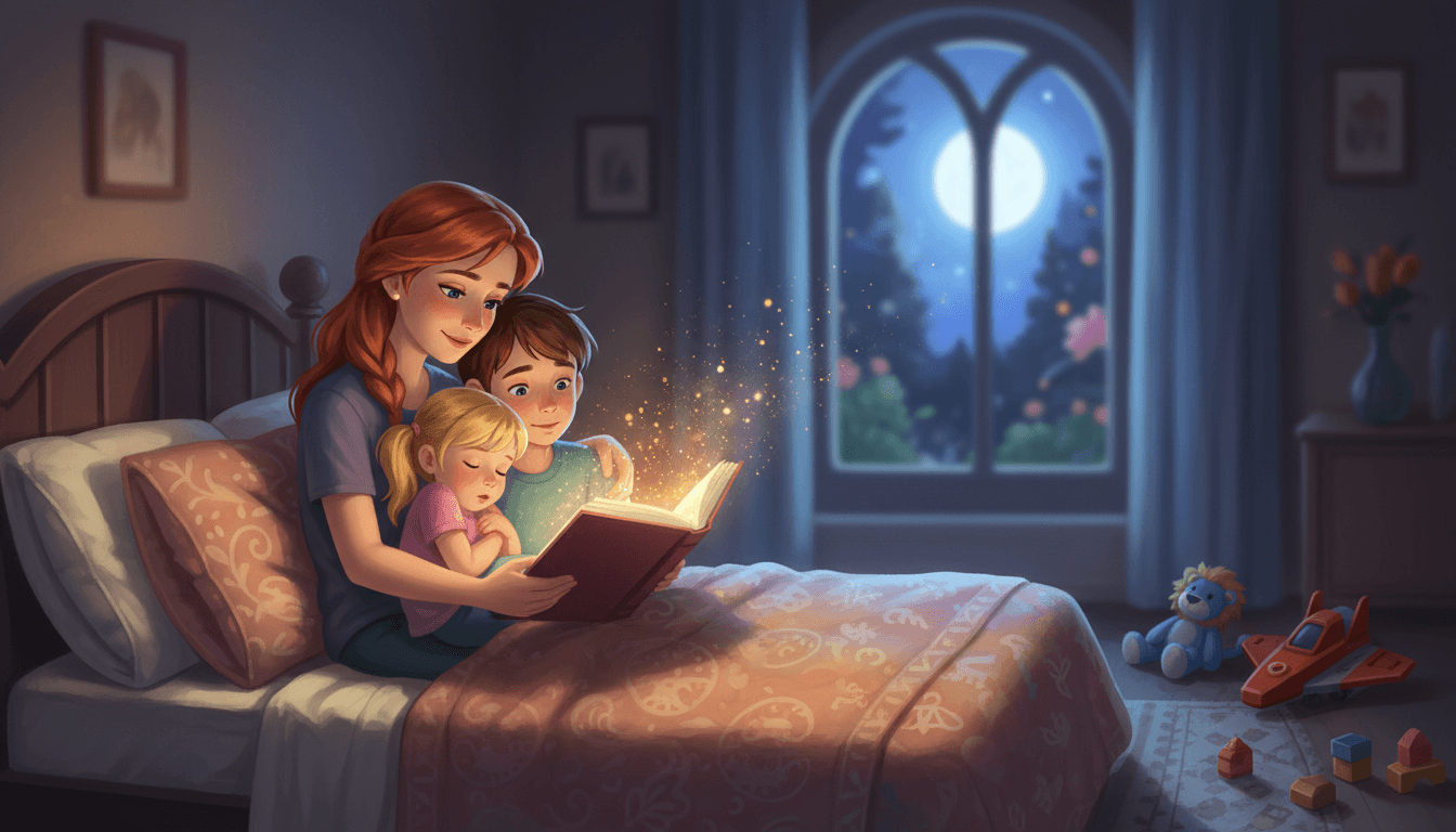 En stÀmningsfull, mÄlerisk bild av en mamma som lÀser godnattsaga för sina tvÄ barn i ett mysigt sovrum. Ett varmt sken strÄlar frÄn boken och symboliserar lugn och nÀrhet, medan leksaker ligger undanplockade i skuggan. Barnen lutar sig harmoniskt mot sin mamma nÀr de gÄr frÄn lekfullt kaos till nattning.