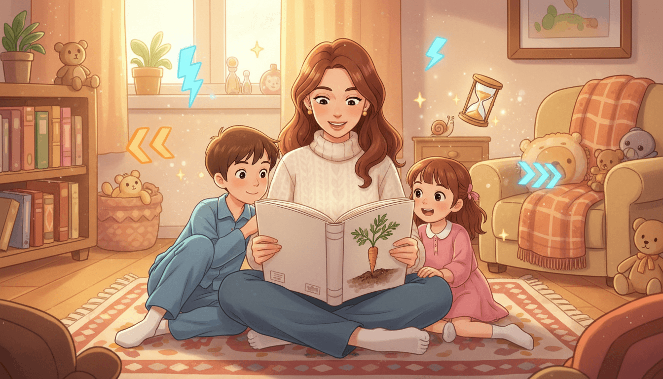 Una madre legge un libro illustrato con i suoi due figli piccoli su un tappeto in un ambiente accogliente, con icone di velocità che svaniscono e simboli di lentezza come una lumaca e una clessidra che brillano, evocando l'atmosfera di una lettura profonda e calma.
