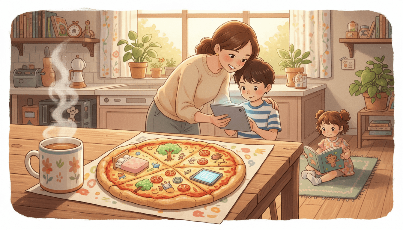 Útulná kuchyně během zlaté hodinky s rodinou u stolu, kde leží barevný ručně kreslený papírový graf "Digitální pizza" rozdělující čas na spánek, venkovní aktivity a tablet, zatímco matka se synem společně sledují obrazovku a dcera si čte knihu.